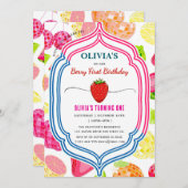 Aardbei verjaardagsfeestje Berry eerste uitnodigin Kaart (Voorkant / Achterkant)