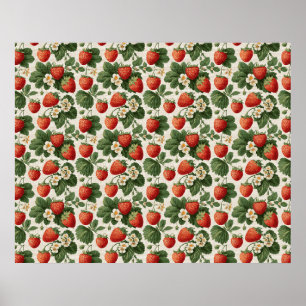 Aardbei Vintage Patroon met Bloesems Poster