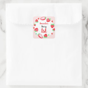 Aardbeien 1e verjaardag bes eerste vierkante sticker