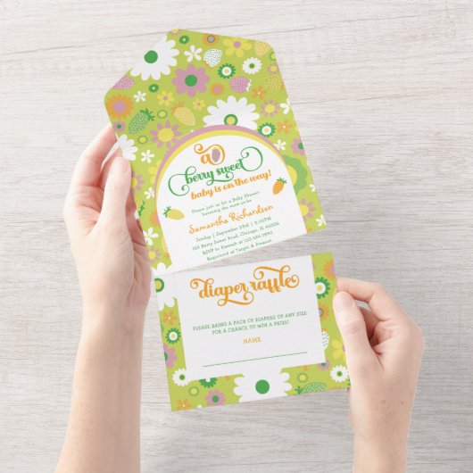Aardbeien Baby shower en luier Raffle All In One Uitnodiging (Afscheurbaar)