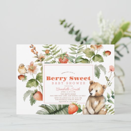 Aardbeien & Beer Berry Sweet Girl Baby shower Kaart (Staand voorkant)