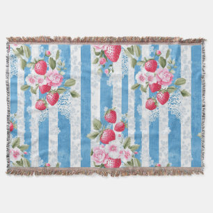 Aardbeien & Bloemen op Blue Stripes Deken