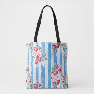 Aardbeien & Bloemen op Blue Stripes Draagtas