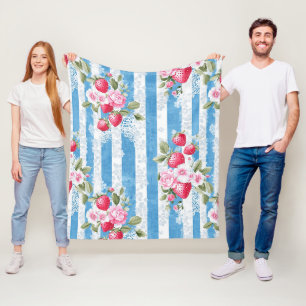 Aardbeien & Bloemen op Blue Stripes Fleece Deken