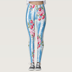 Aardbeien & Bloemen op Blue Stripes Leggings