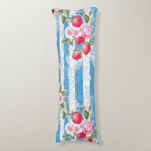 Aardbeien & Bloemen op Blue Stripes Lichaamskussen