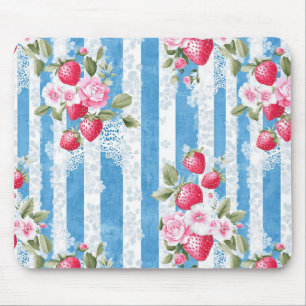  Aardbeien & Bloemen op Blue Stripes Muismat