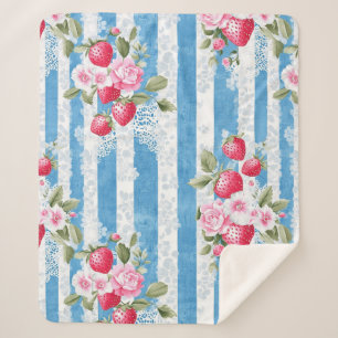  Aardbeien & Bloemen op Blue Stripes Sherpa Deken