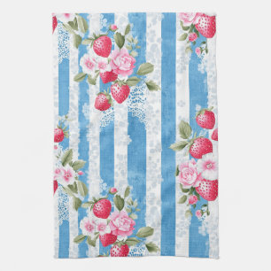  Aardbeien & Bloemen op Blue Stripes Theedoek