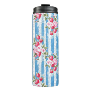 Aardbeien & Bloemen op Blue Stripes Thermosbeker