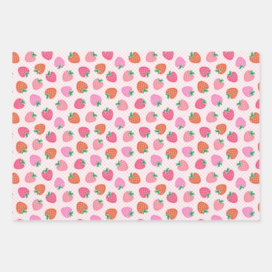 Aardbeien Cheques & Argyle Kerst Roze & Rood Inpakpapier Vel (Voorkant)
