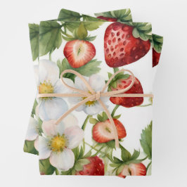Aardbeien en aardbeienbloemen inpakpapier vel