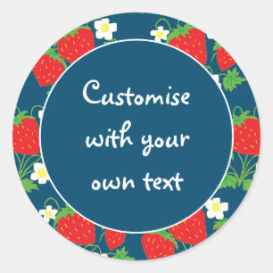 Aardbeien en Bloemen Blauw Aangepaste Tekst Ronde Sticker
