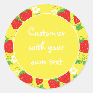 Aardbeien en Bloemen Geel Aangepaste Tekst Ronde Sticker