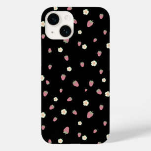 Aardbeien en bloemen Zwart Patroon Case-Mate iPhone 14 Hoesje