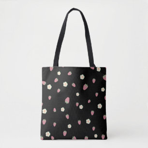 Aardbeien en bloemen Zwart Patroon Draagtas