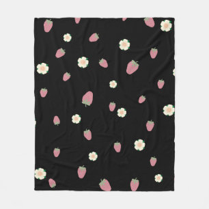 Aardbeien en bloemen Zwart Patroon Fleece Deken