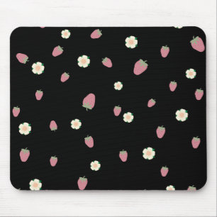 Aardbeien en bloemen Zwart Patroon Muismat