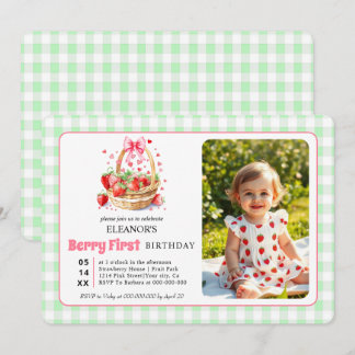Aardbeien en geruite stof Eerste verjaardag Berry Kaart