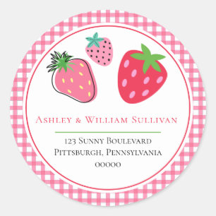 Aardbeien en Roze cheques Retouradres Ronde Sticker