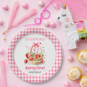 Aardbeien en roze strik Berry Eerste Verjaardag Papieren Bordje