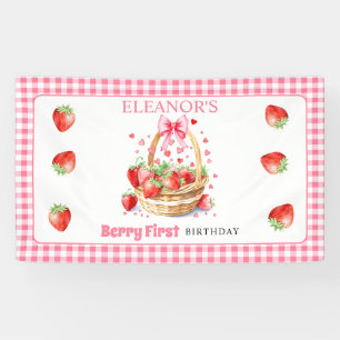 Aardbeien en roze strik Berry Eerste Verjaardag Spandoek