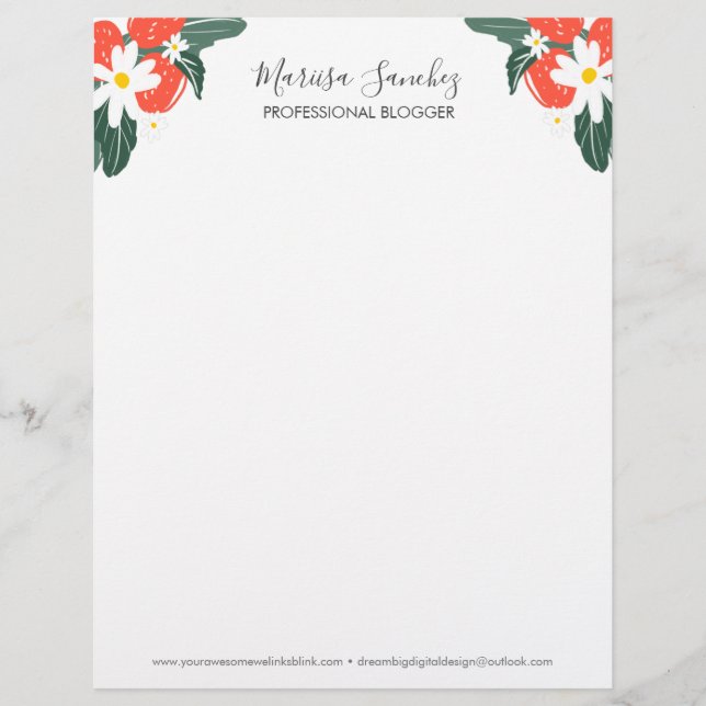 aardbeien Floral Script Name Modern Letterhead Briefhoofd (Voorkant)