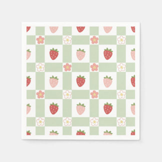 Aardbeien Gingham Pastelgroene 1e Verjaardag Servet