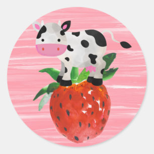 Aardbeien Koe Cute Waterverf Ronde Sticker