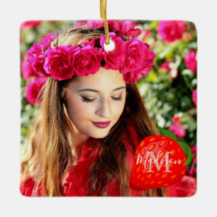 Aardbeien meisje foto Monogram Chic Keramisch Ornament