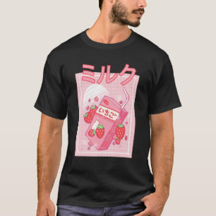 Aardbeien Melk Shake Carton Roze Japanse retro T-shirt