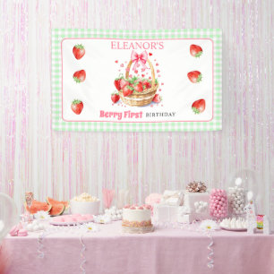 Aardbeien mint geruite Eerste Verjaardag Spandoek