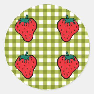 Aardbeien op Groene Gingham Ronde Sticker