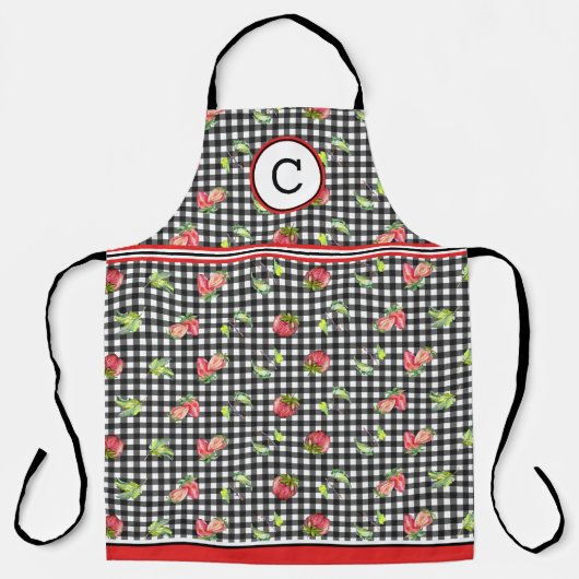 Aardbeien op zwart geruit monogram schort (Voorkant)