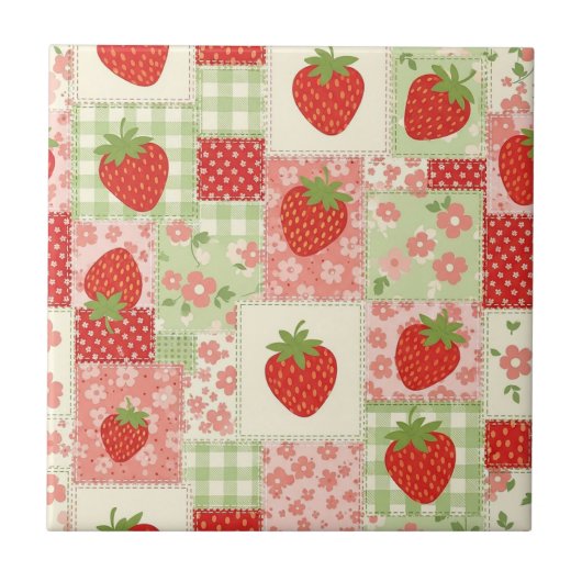 Aardbeien Patchwork Picknick (4) Tegeltje (Voorkant)