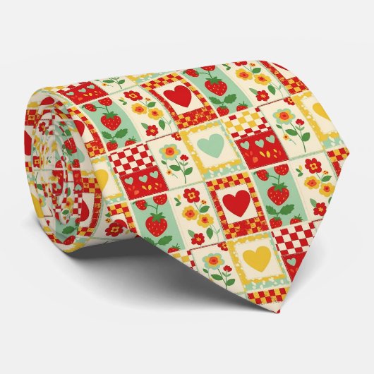 Aardbeien Patchwork Picknick Stropdas (Opgerold)