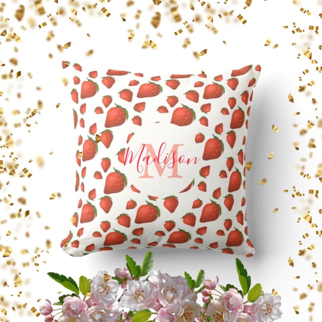 Aardbeien Pattern Monogram Initiaal Naam Kussen (Creator heeft geüpload)