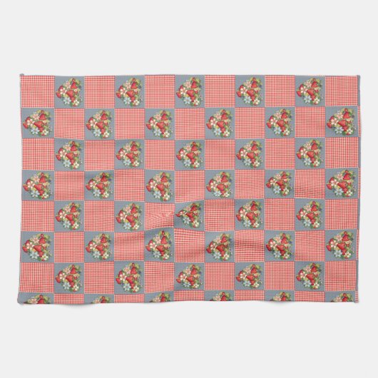 Aardbeien Red Gingham en Blue Slate Checkered Theedoek (Horizontaal)