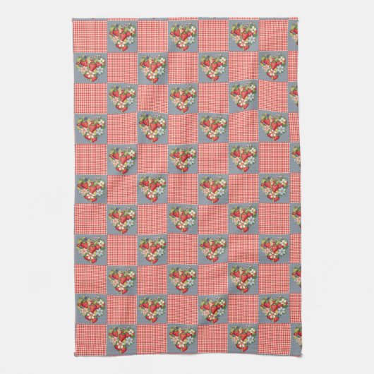 Aardbeien Red Gingham en Blue Slate Checkered Theedoek (Verticaal)