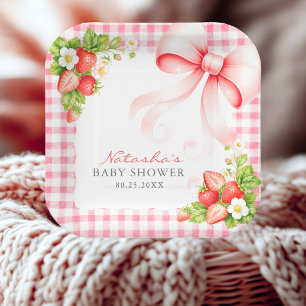 Aardbeien Roze Gingham Bes Zoete Baby Shower Papieren Bordje