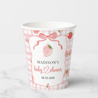 Aardbeien Roze Gingham Meisje Baby Shower Papieren Bekers