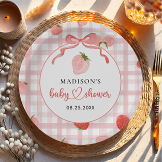 Aardbeien Roze Gingham Meisje Baby Shower Papieren Bordje