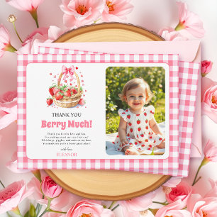 Aardbeien, roze strik Berry Eerste Verjaardag foto Bedankkaart