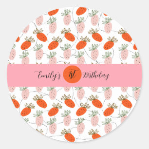 Aardbeien Roze Wit Doodle Verjaardagsfeestje Ronde Sticker