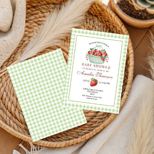 Aardbeien Zoete Groene Gingham Baby Shower  Kaart