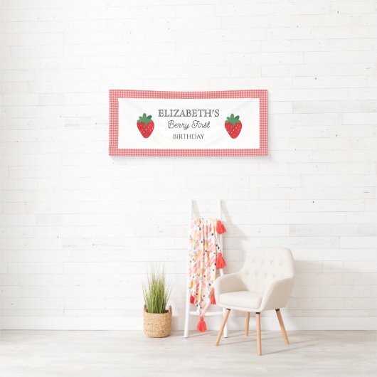 Aardbeienbes Eerste Picknick Verjaardag Spandoek (Insitu)