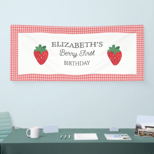 Aardbeienbes Eerste Picknick Verjaardag Spandoek (Beurs)