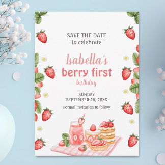 Aardbeienbes eerste verjaardag Berry Weet Save The Date