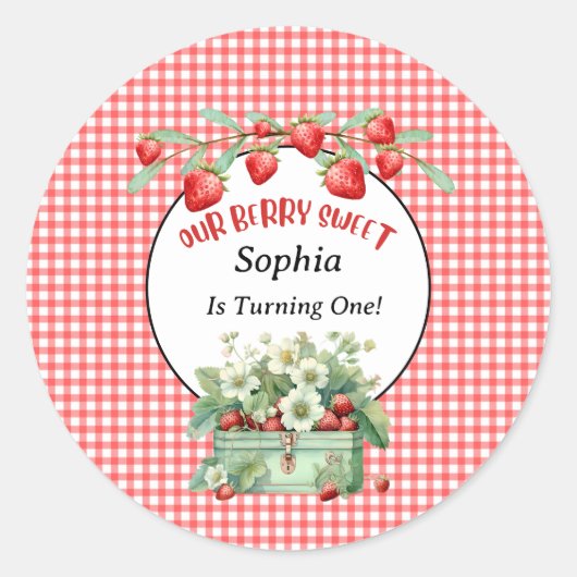 Aardbeienbessenzoet eerste verjaardagsfeestje ronde sticker (Voorkant)