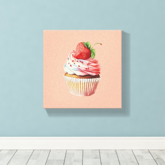Aardbeiencupcake zoet dessert canvas afdruk (Insitu (Houten vloer))